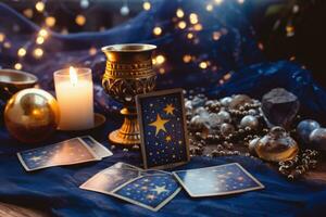 tarot tarjetas en el mesa debajo luz de una vela. generativo ai foto