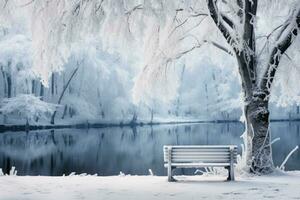 Bench in the city snow covered winter park with a lake and beautiful trees in frost in morning. Generative AI photo