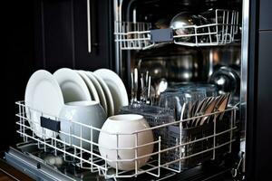 Open dishwasher with clean glass, cups, plates and dishes. Generative AI photo