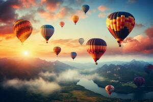 vistoso caliente aire globos volador en azul cielo. generativo ai foto