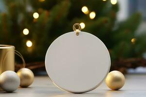 Blank empty white glossy ceramic circle tied with a metallic golden string over a rustic background and christmas lights. Generative AI photo