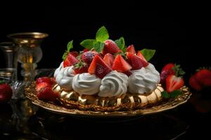 Pavlova cake with cream and fresh strawberries on a dark background. Generative AI photo