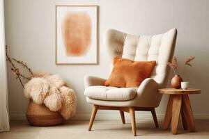 Cozy curved tufted wing armchair with pillows in boho style interior. Studio apartment with natural materials. AI generated photo