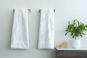 Marble bathroom wall and chrome hooks holding two white towels. Generative AI photo