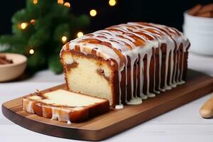 Homemade freshly baked Christmas cake loaf with raisins. Pound cake. Generative AI photo