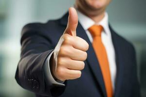 Handsome businessman celebrating success with thumbs up. Generative AI photo