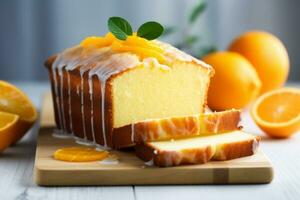 Orange homemade pound cake. Moist loaf with orange zest on bright background. Generative AI photo