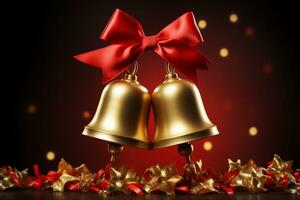 Christmas bell with red ribbon and blurred lights background. Generative AI photo