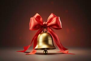 Christmas bell with red ribbon and blurred lights background. Generative AI photo