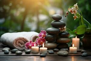 Massage stones with towels and candles in natural background. SPA concept. Generative AI photo