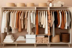 Minimalist monochromatic wardrobe. Closet filled with clothing, neatly organized. Generative AI photo