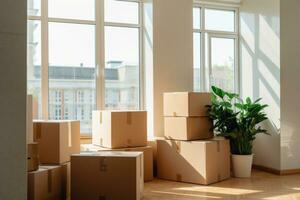 Moving in. Stack of cardboard boxes in the empty room. Generative AI photo