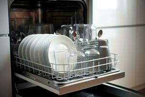 Open dishwasher with clean glass, cups, plates and dishes. Generative AI photo