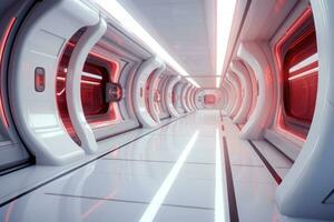 A hallway in a futuristic spaceship. Corridor inside space station. Generative AI photo