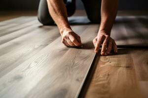 A worker's hands installing a new hardwood floor. Generative AI photo