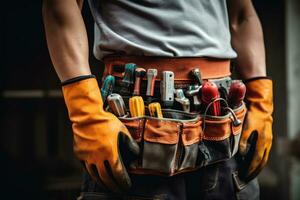 Handyman with tools belt. Detail of man hands holding work gloves and wearing tool kit on waist. Generative AI photo