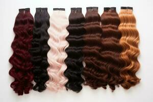 Multicolor human hair extension bundles collection. AI generated photo