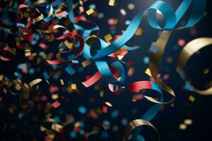 Colorful confetti and colored twirled serpentine in a greeting card and party invitation template . Generative AI photo
