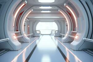 A hallway in a futuristic spaceship. Corridor inside space station. Generative AI photo