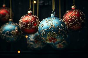 Christmas background with vintage baubles. Generative AI photo