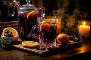 Mulled red wine with spices and citrus fruits. Traditional hot drink at Christmas time. Generative AI photo