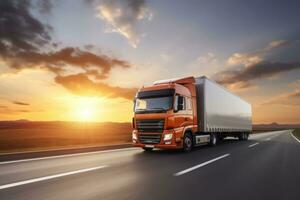 Truck with container on the highway on blurred background. Cargo transportation concept. Generative AI photo