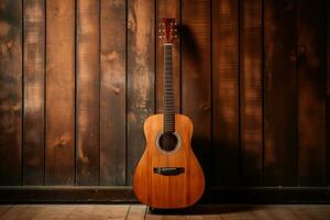 Acoustic guitar on old wooden background. Generative AI photo