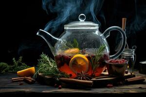 Fruit tea with berries in glass teapot. Generative AI photo