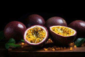 Purple fresh passion fruits with cut in half. Generative AI photo