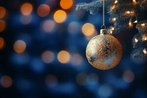 Christmas ball nangs on fir branch with bokeh lights on blue abstract background . Generative AI photo