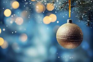 Christmas ball nangs on fir branch with bokeh lights on blue abstract background . Generative AI photo