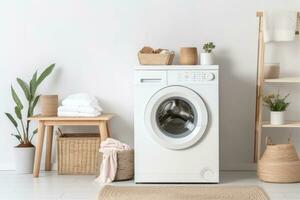 Interior of home laundry room with modern washing machine. Generative AI photo