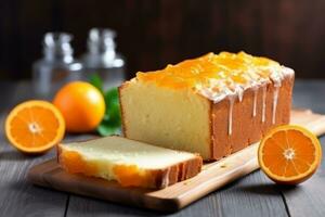 Orange homemade pound cake. Moist loaf with orange zest on bright background. Generative AI photo