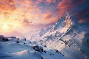 Amazing morning winter landscape with mountains. Generative AI photo