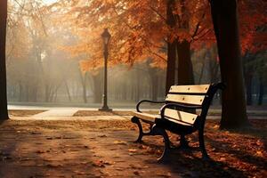 Bench in autumn park. Autumn landscape. Warm peaceful day. AI generated photo