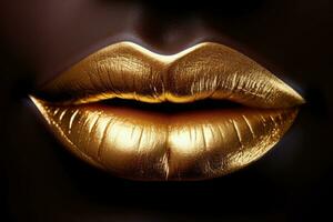 Closeup of golden lipstick. Makeup with metal gold lips. Generative AI illustration photo