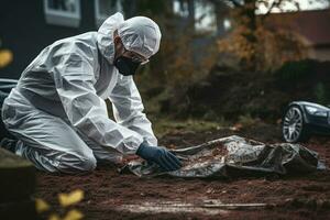 Criminologist in white protective gloves wears face masks works with dead body at crime. AI generated photo