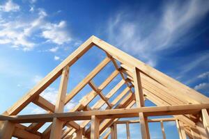 Wood roof trusses constructed with construction framing beams timber. Generative AI photo