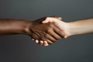 Black and caucasian hands holding each other in tolerance and anti racism concept. Generative AI photo