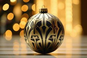 Art deco inspired christmas ball pattern on blurred lights background. Generative AI photo