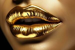 Closeup of golden lipstick. Makeup with metal gold lips. Generative AI illustration photo