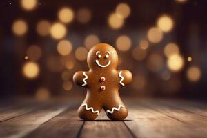 Navidad alimento. pan de jengibre hombre galletas en Navidad ajuste. generativo ai foto