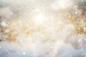 Christmas and New Year background with snow explosion, snowflakes and golden rays. Generative AI photo