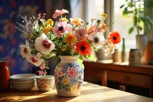 Freshly picked wildflowers in a vase with folk pattern on a kitchen table. Generative AI photo