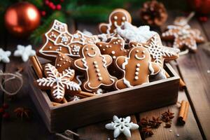 Christmas cookies in box with gingerbread men, stars, fir cones on wooden table. Generative AI photo