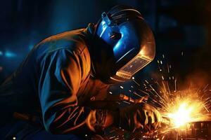 Worker welder performs arc welding in factories. Generative AI photo