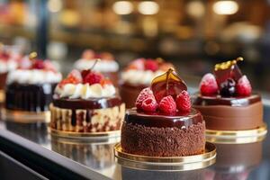 Small cakes on display at the patisserie counter. Pastry shop glass display with cakes. Generative AI photo