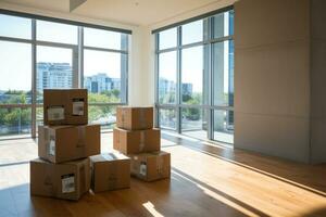 Moving in. Stack of cardboard boxes in the empty room. Generative AI photo