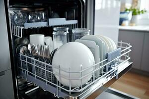 Open dishwasher with clean glass, cups, plates and dishes. Generative AI photo