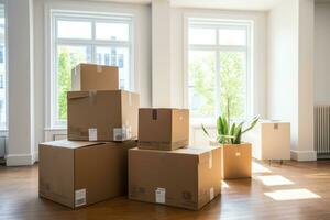 Moving in. Stack of cardboard boxes in the empty room. Generative AI photo